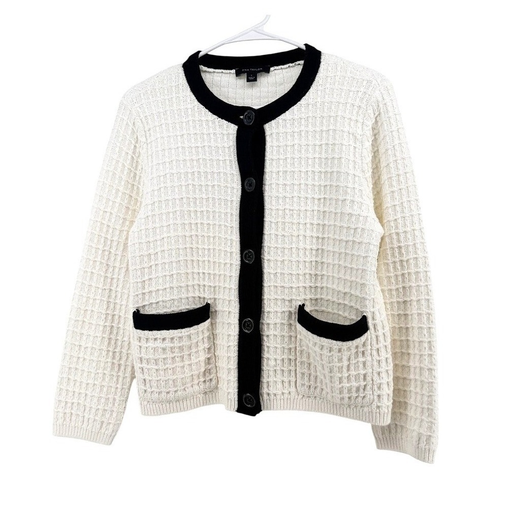 Ann Taylor Women L Cream Black Waffle Knit Button Front Cardigan Sweater - Picture 8 of 9